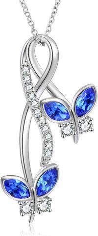 wholesale 925 Sterling Silver Blue Crystal Butterfly Pendant Necklace s for Her-01 Simulated Sapphire Birthstone - Blue