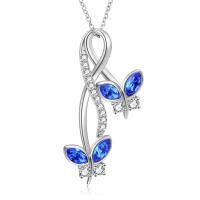 wholesale 925 Sterling Silver Blue Crystal Butterfly Pendant Necklace s for Her-01 Simulated Sapphire Birthstone - Blue