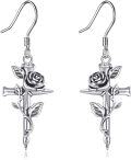 wholesale 925 Sterling Silver Gothic Cross with Black Rose and Witch's Heart Drop Earrings-0-0