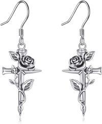 wholesale 925 Sterling Silver Gothic Cross with Black Rose and Witch's Heart Drop Earrings-Rose Cross