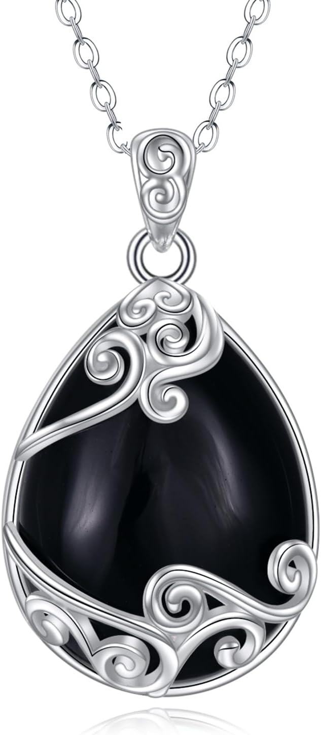 Sterling Silver Moonstone Filigree Teardrop Pendant Necklace for Women-N-Black Onyx Filigree Necklace