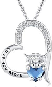 wholesale 925 Sterling Silver Blue Crystal Heart Highland Cow Pendant Necklace-D-Heart (Love You More)