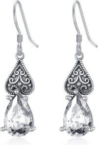 wholesale Sterling Silver 12 Months Birthstone Vintage Teardrop Dangle Earrings-04-White Crystal