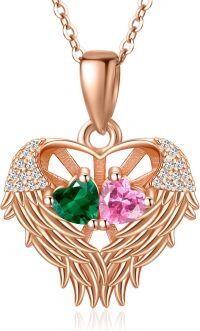 wholesale Sterling Silver 2 Birthstones Angel Wings Necklace for Women-05-10-May-Oct