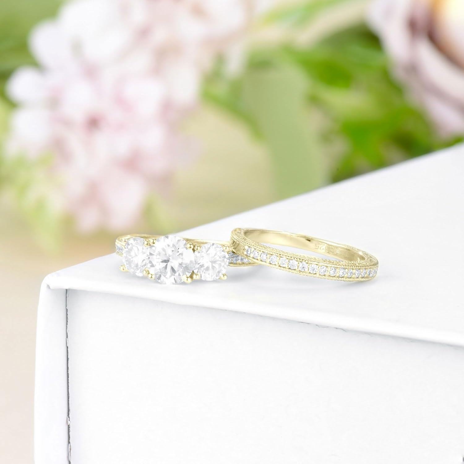 Sterling Silver White Yellow Rose Gold Moissanite D VVS1 Round Bridal Ring Set for Women-0-5