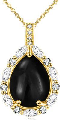 wholesale Sterling Silver Lapis Moonstone Moss Agate Larimar Onyx Cubic Zirconia Pendant Necklace-Gold Black Onyx