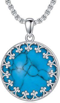 wholesale 925 Sterling Silver Round Blue Turquoise Filigree Pendant Necklace for Women-Round