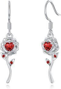 wholesale 925 Sterling Silver Ruby Rose Dangle Earrings - Heart Ruby Flower Jewelry for Women, Valentine's Gift-Rose