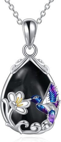wholesale 925 Sterling Silver Blue Purple Hummingbird Pendant Necklace with Flower Charm-Silver-Hummingbird Necklace with Black Agate