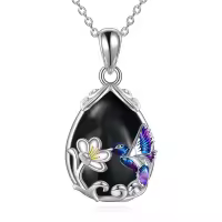 wholesale 925 Sterling Silver Blue Purple Hummingbird Pendant Necklace with Flower Charm-Silver-Hummingbird Necklace with Black Agate