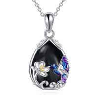 wholesale 925 Sterling Silver Hummingbird Flower Pendant Necklace-Silver-Hummingbird Necklace with Black Agate