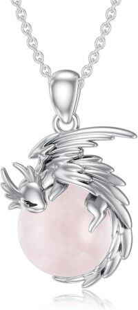 wholesale Sterling Silver Birthstone Wyvern Dragon Pendant Necklace for Women-Rose Quartz