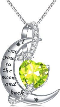 wholesale 925 Sterling Silver Birthstone Love You to the Moon Heart Necklace-08-August-Peridot