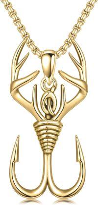 wholesale Gold 925 Sterling Silver Deer Antlers & Fish Hooks Mens Pendant Necklaces with Duck Charm-05-Gold Antler Necklace