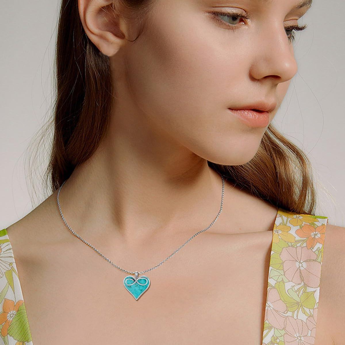 925 Sterling Silver Infinity Turquoise Heart Pendant Necklace Gift for Women-0-1