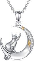 wholesale 925 Sterling Silver Crescent Moon & Cat Pendant Necklace with Cubic Zirconia Stones for Women-0-0