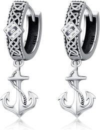 wholesale 925 Sterling Silver Anchor Design Celtic Knot Huggie Hoop Earrings for Men & Women-Anchor Hoop Earrings-Silver