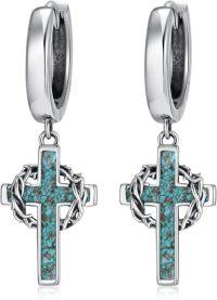 wholesale Sterling Silver Cross Hoop Earrings with Crown of Thorns for Men Women-Turquoise