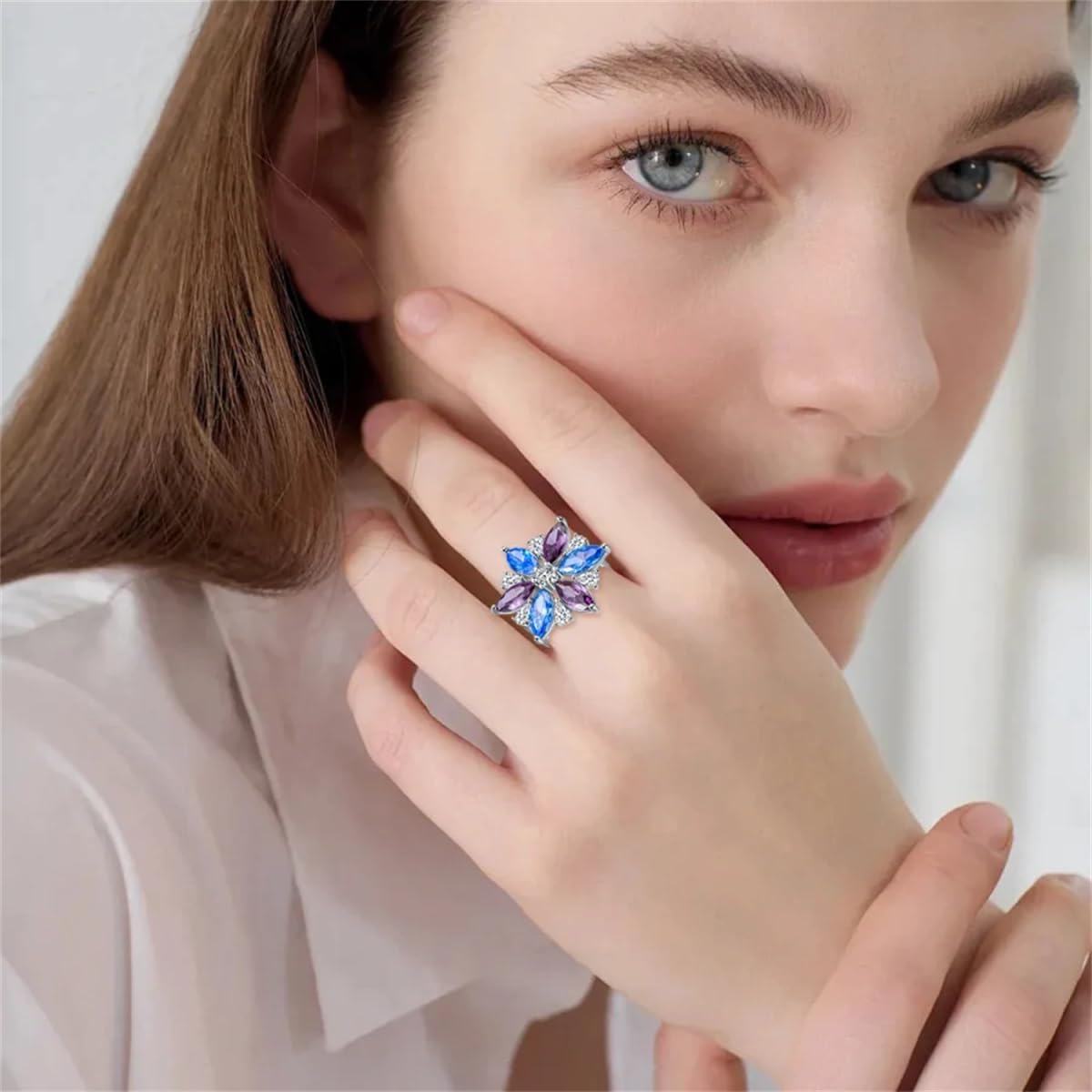 Sterling Silver Colored Gemstone Flower Ring for Women-0-3