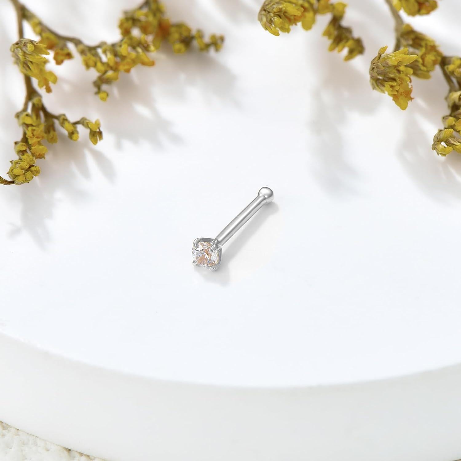 14K Gold CZ 6mm 20G Straight Bone Nose Stud Ring Hypoallergenic-0-1
