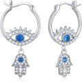 wholesale 925 Sterling Silver Blue CZ Evil Eye Hamsa Hand Drop Leverback Earrings-0-0