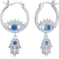 wholesale 925 Sterling Silver Blue CZ Evil Eye Hamsa Hand Drop Leverback Earrings-Blue 2