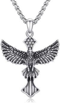 wholesale 925 Sterling Silver Eagle Cross with American Flag Design Pendant Necklace for Men & Women-01-Eagle