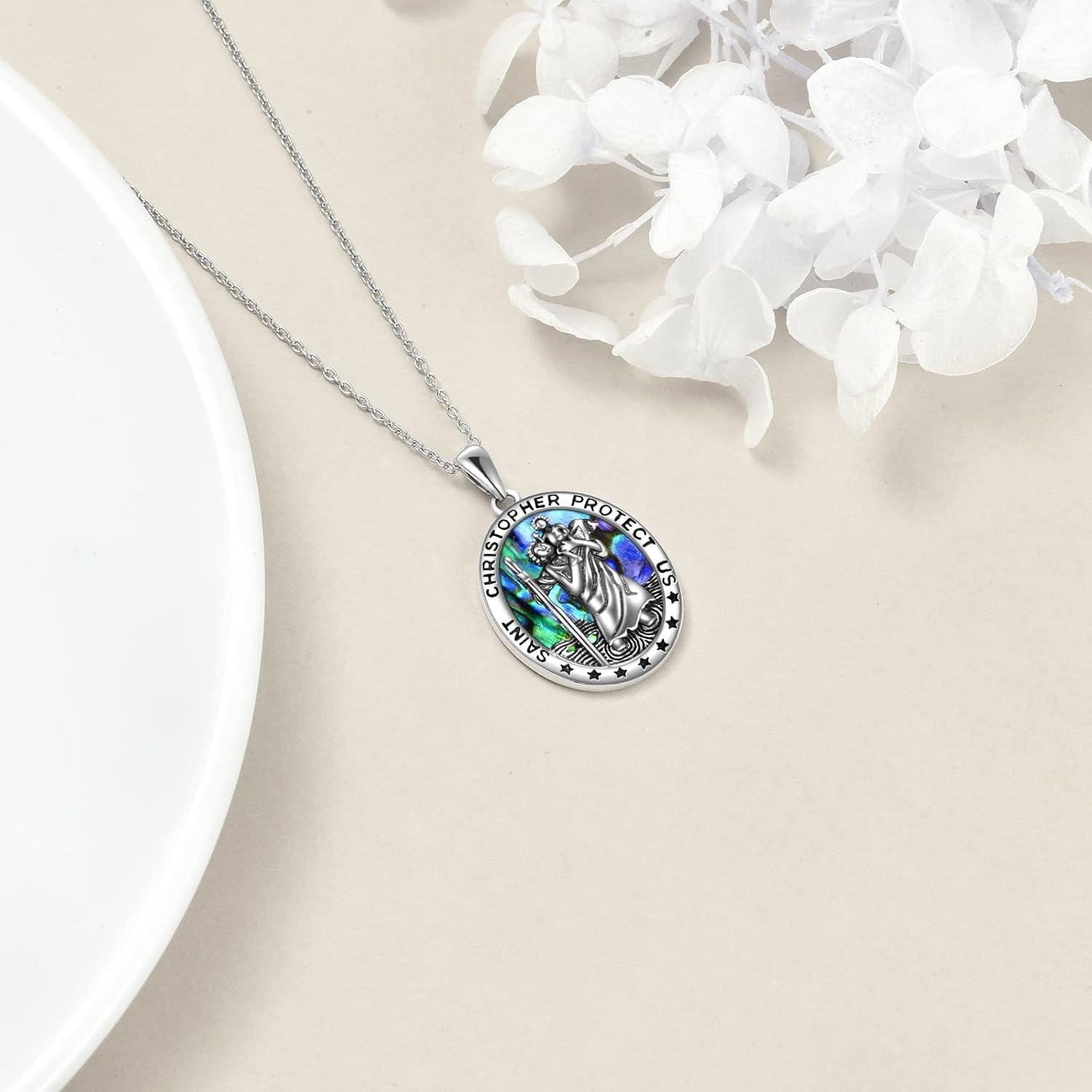 925 Sterling Silver Saint Christopher Protect Us Travel Protection Oval Pendant Necklace with Abalone Shell and Chain for Women Men  43cm/17 Length-0-2