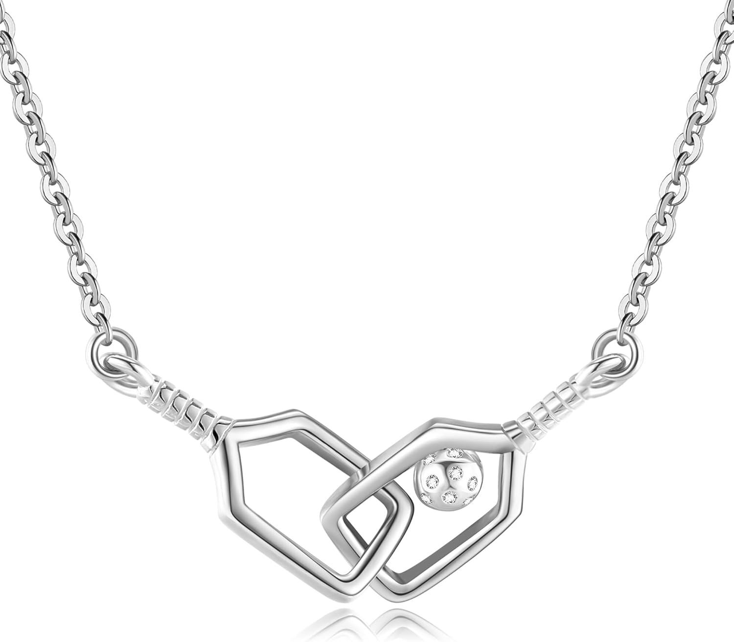 wholesale 925 Sterling Silver Geometric Hexagon Pickleball Paddle Ball Charm Necklace for Women-0-0
