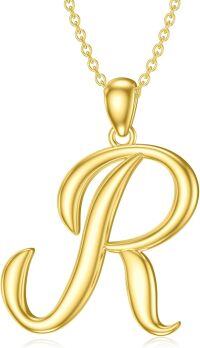 wholesale Sterling Silver 26 Letter Pendant Necklace-yellow gold plated-Letter R