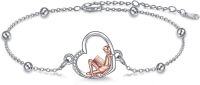 wholesale 925 Sterling Silver Heart-Shaped Bracelet with Rose Gold Reading Girl Charm and Cubic Zirconia Stones - Gift for Book Lovers-Silver-Women Reading Book Bracelet