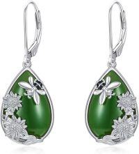 wholesale 14K Gold Plated Sterling Silver Round Natural Jade Earrings for Women-D-Bee-White Gold