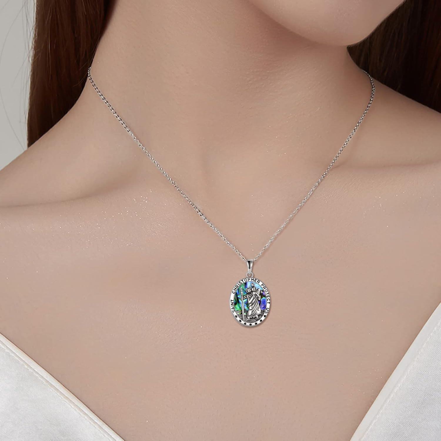 925 Sterling Silver Saint Christopher Protect Us Travel Protection Oval Pendant Necklace with Abalone Shell and Chain for Women Men  43cm/17 Length-0-5