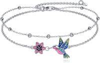 wholesale 925 Sterling Silver Hummingbird & Flower Charm Ankle Anklet for Women and Girls Gift Ideas-Layered hummingbird anklets