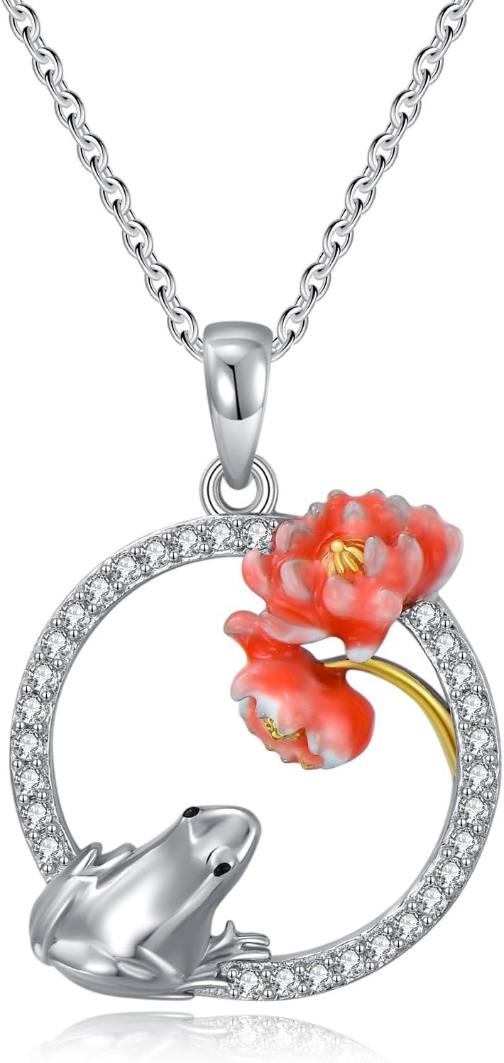 925 Sterling Silver Flower and Frog Charm Pendant Necklace with Red Enamel Accents-0-0