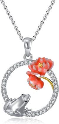 wholesale 925 Sterling Silver Flower and Frog Charm Pendant Necklace with Red Enamel Accents-Frog and Lotus Necklace