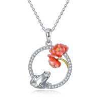 wholesale 925 Sterling Silver Lotus Frog Circle Pendant Necklace With Cubic Zirconia-Frog and Lotus Necklace
