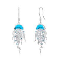 wholesale 925 Sterling Silver Turquoise Jellyfish Dangle Earrings with Blue Crystal Accents-Jellyfish