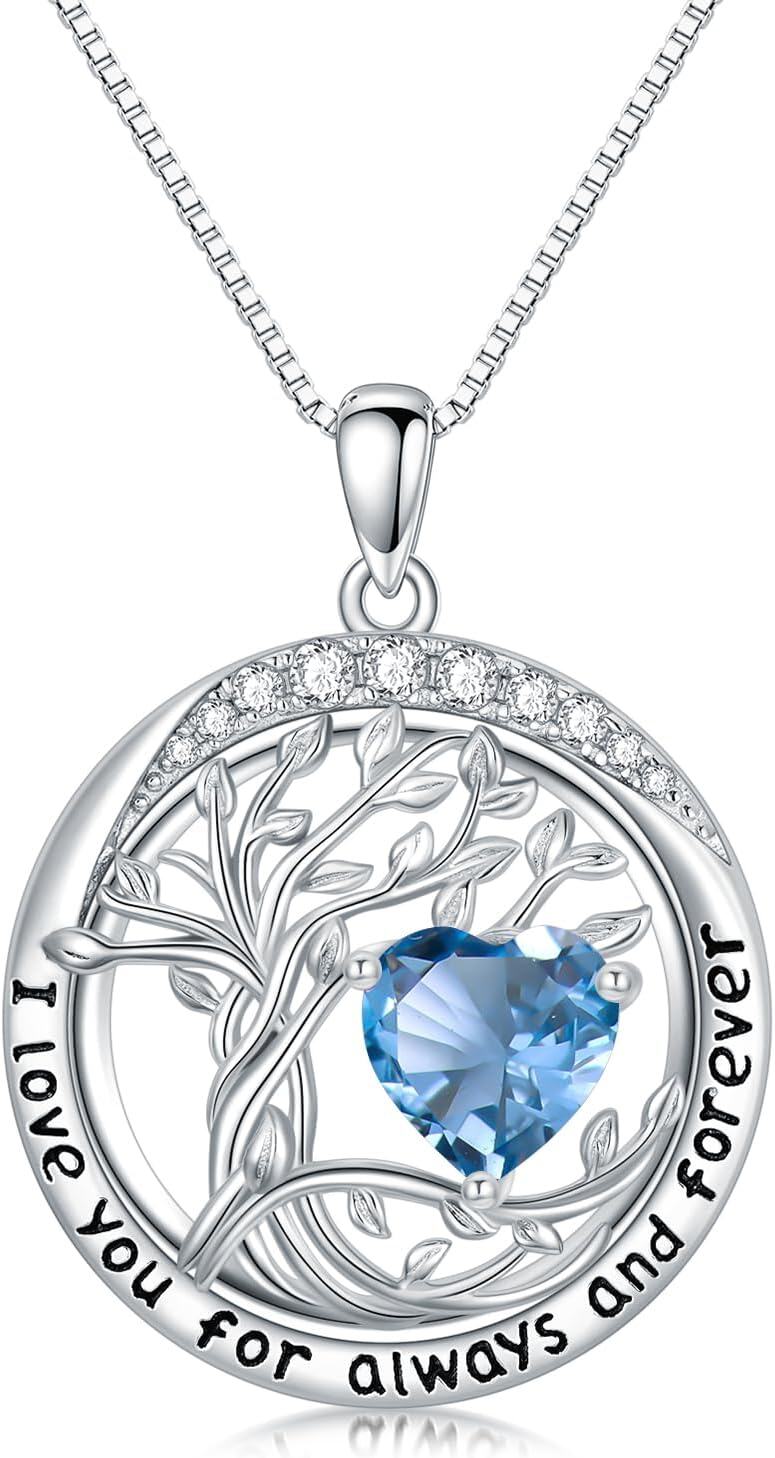 White Gold Sterling Silver Austrian Crystal Tree of Life Birthstone Necklace-12-Dec-Turquoise