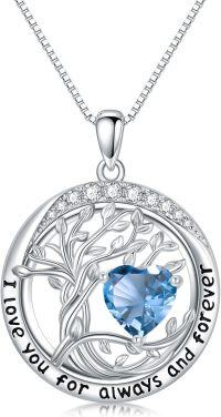 wholesale 925 Sterling Silver Austrian Crystal Tree of Life Pendant Necklaces with Birthstone for Women-12-Dec-Turquoise