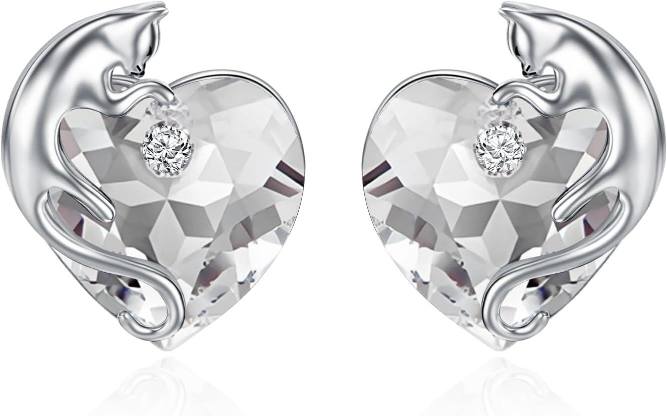 Sterling Silver Austria Crystal Cat Earrings Cute Studs with Birthstone Heart Gift for Cat Lovers-Clear White