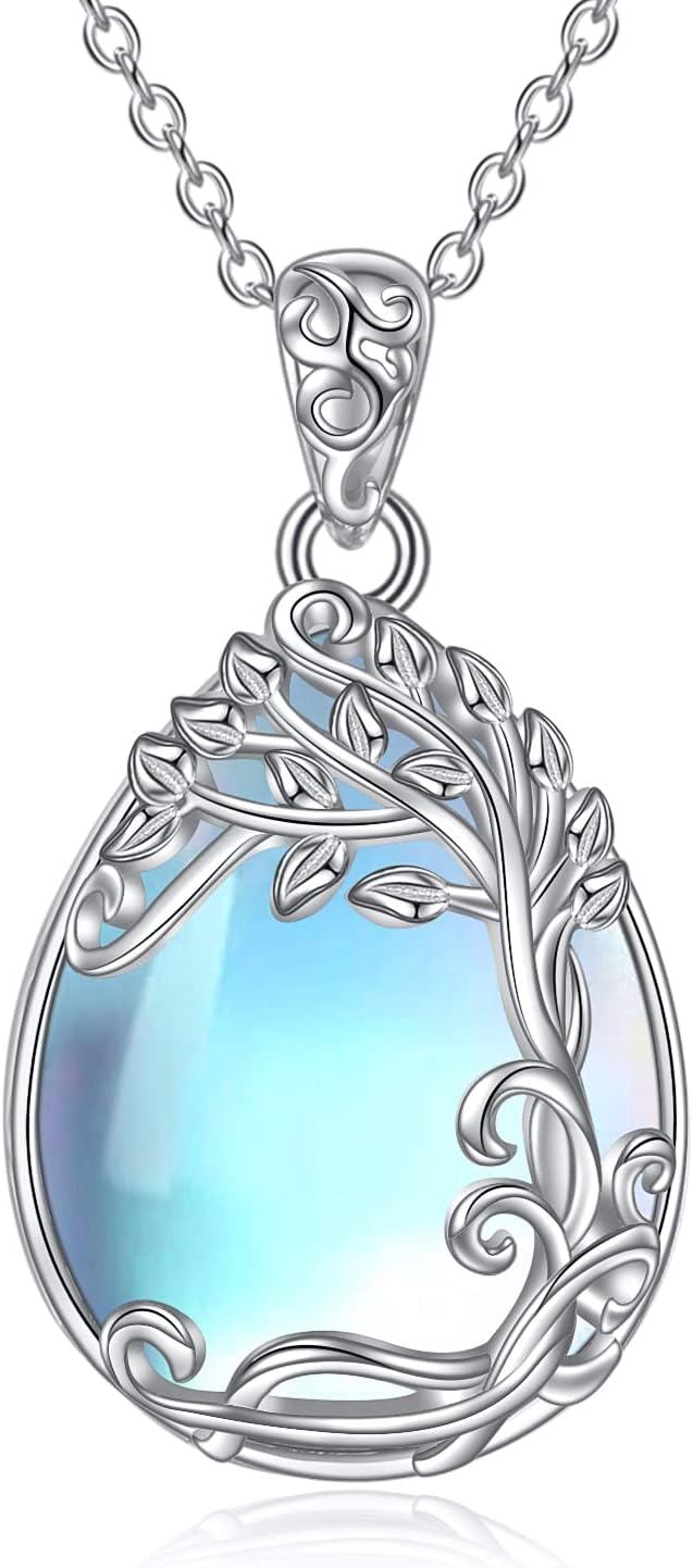 Sterling Silver Moonstone Filigree Teardrop Pendant Necklace for Women-B-Tree of Life Moonstone Necklace