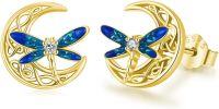 wholesale 925 Sterling Silver Blue Enamel Celtic Moon Dragonfly Stud Earrings Irish  for Women Girls-Moon-Gold