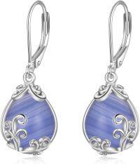wholesale Sterling Silver Crystal Gemstone Filigree Teardrop Dangle Leverback Earrings-Blue Lace Agate