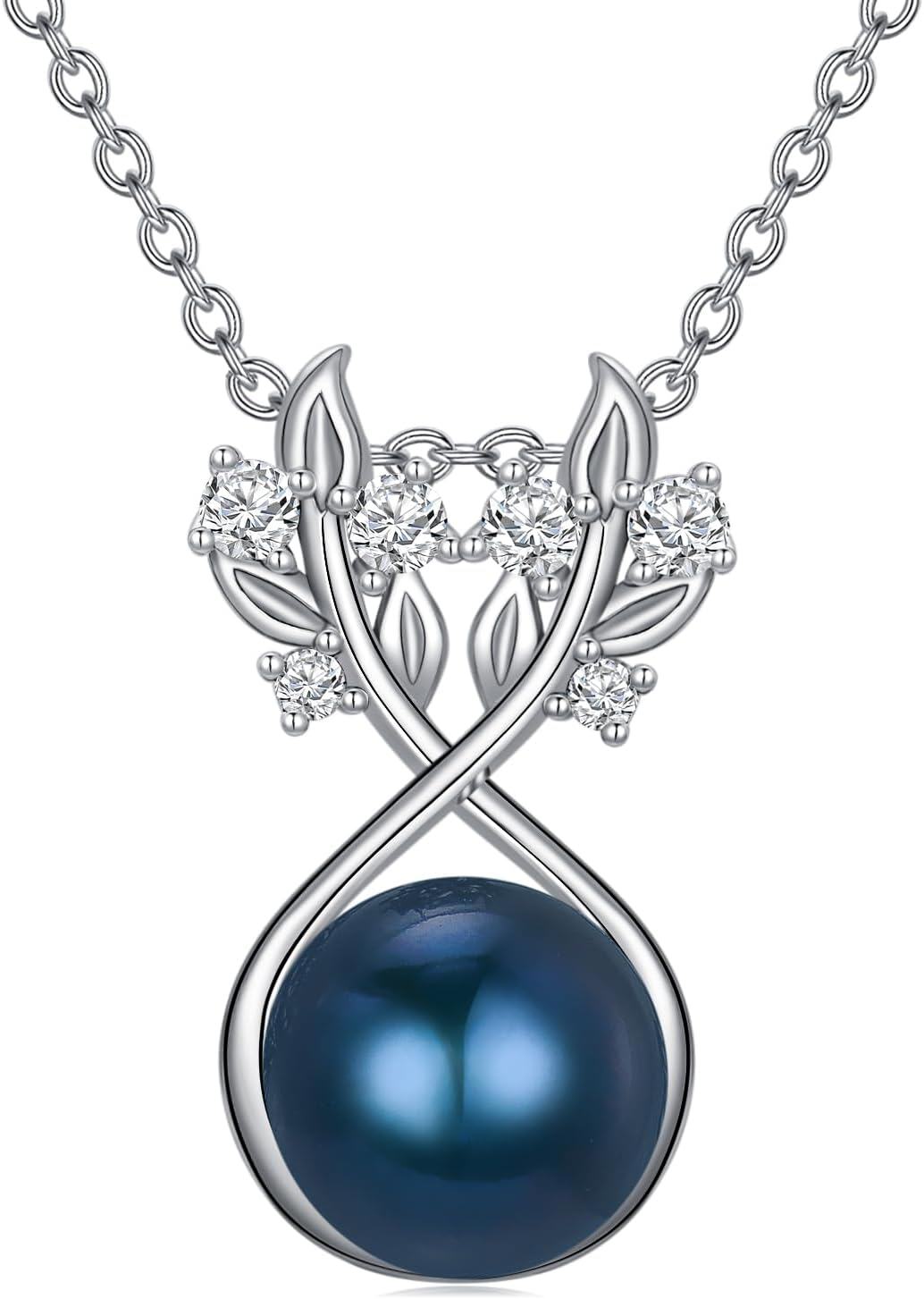 Sterling Silver White Gold Plated Black Freshwater Pearl Necklace-0-0