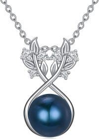 wholesale 925 Sterling Silver Infinity Leaf Design Blue Freshwater Pearl Pendant Necklace with Cubic Zirconia Accents-Black Pearl Pendant-1