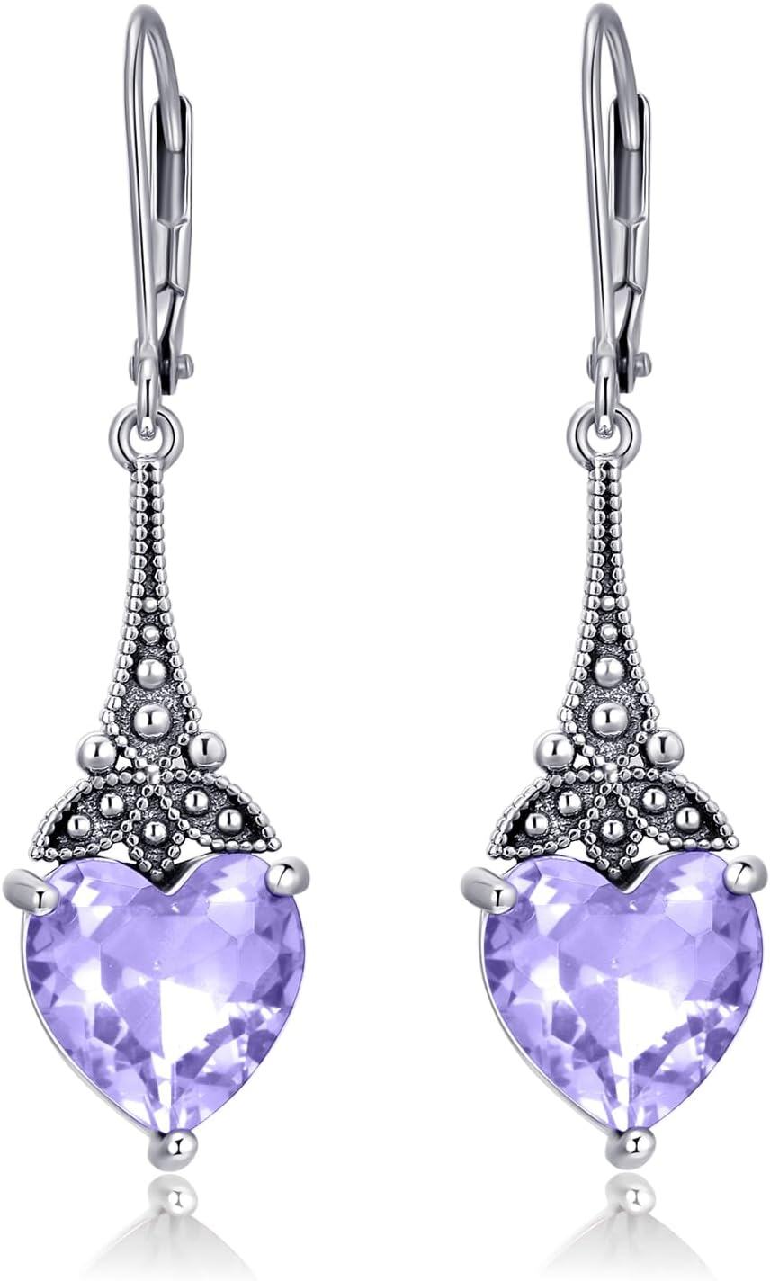 wholesale Sterling Silver 10mm Heart Crystal Leverback Vintage Drop Dangle Earrings-Alexandrite