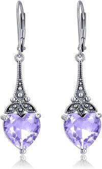 wholesale Sterling Silver 10mm Heart Crystal Leverback Vintage Drop Dangle Earrings-Alexandrite