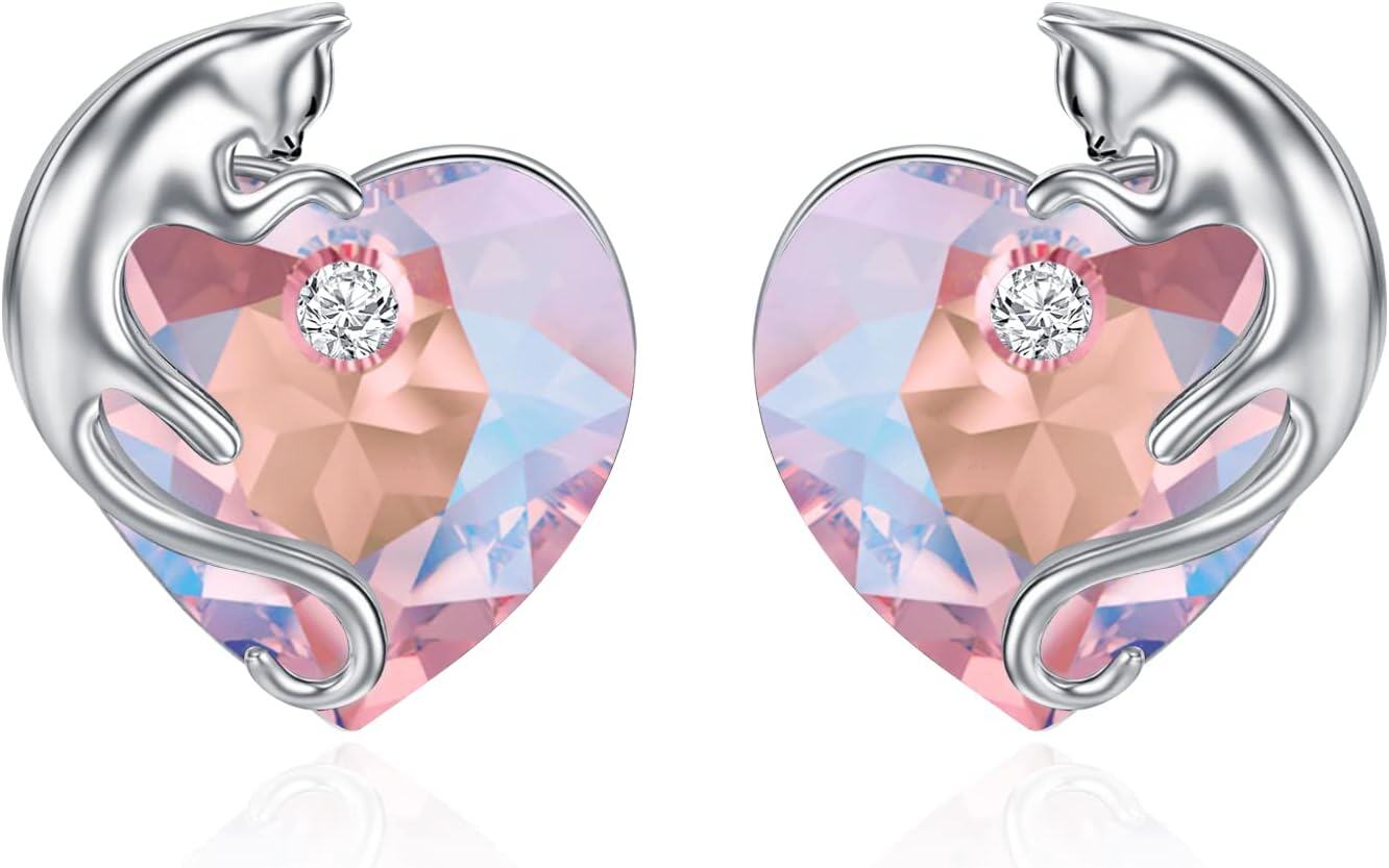 Sterling Silver Austria Crystal Cat Earrings Cute Studs with Birthstone Heart Gift for Cat Lovers-Light Pink