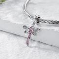 wholesale Sterling Silver & Pink Austrian Crystals Dragonfly Pink Ribbon Charm for Pandora Bracelets 15.1x16.8mm-0-1